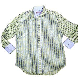 Robert Graham Men's XL Striped Button-Up embroidered shirt green blue dress shir